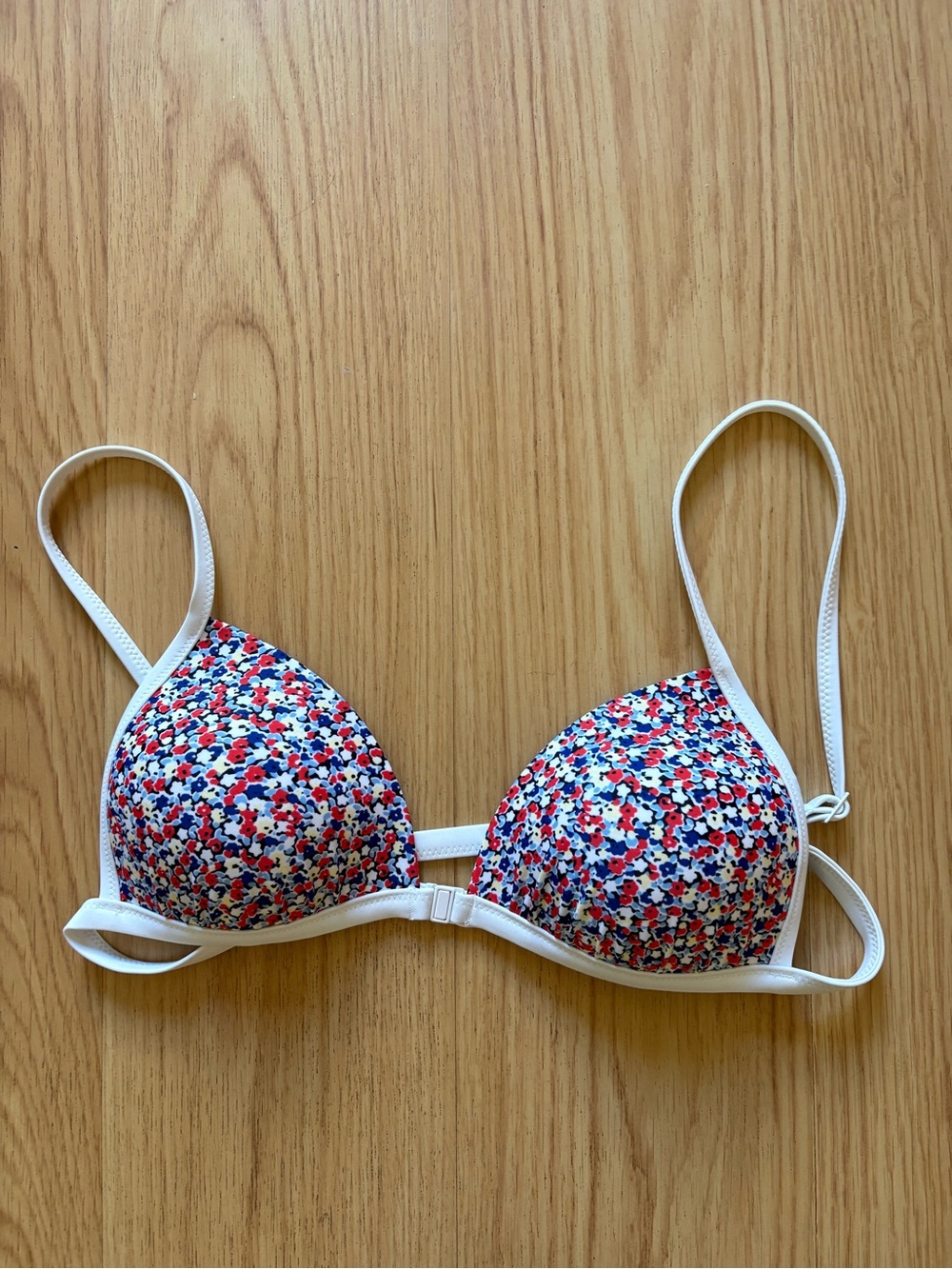 Aerie red white blue floral bikini top front snap sz M summer twee vacation cute